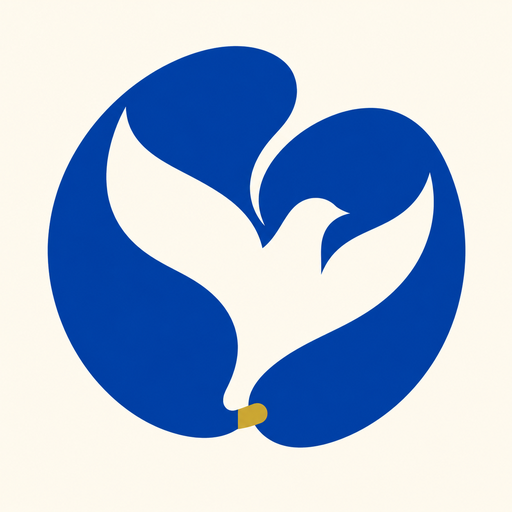 The campaign symbol: two cobalt forms embracing in a circle, an ivory dove emerging in the space between them, joined at the base by a gold stitch.