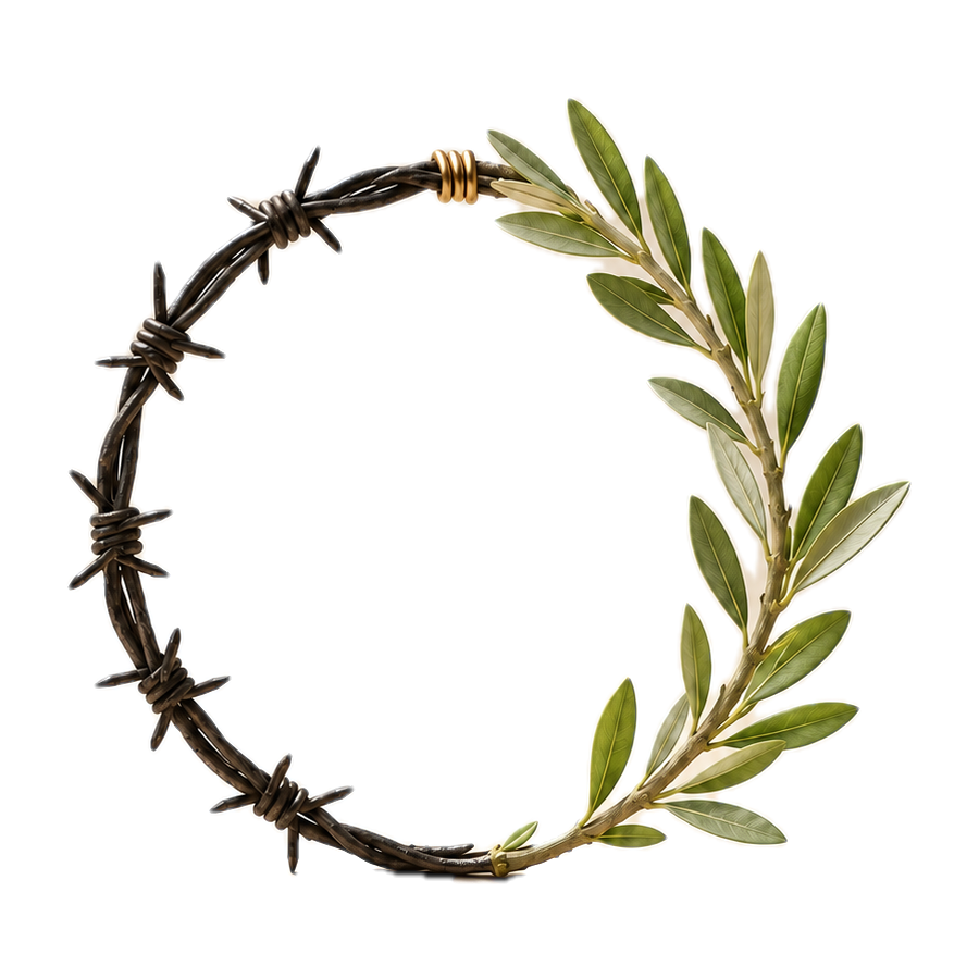 A sculptural ring: its left half is dark twisted barbed wire, its right half a living olive branch with light sage-green leaves, the two joined at the top by a small wrapped band of gold.